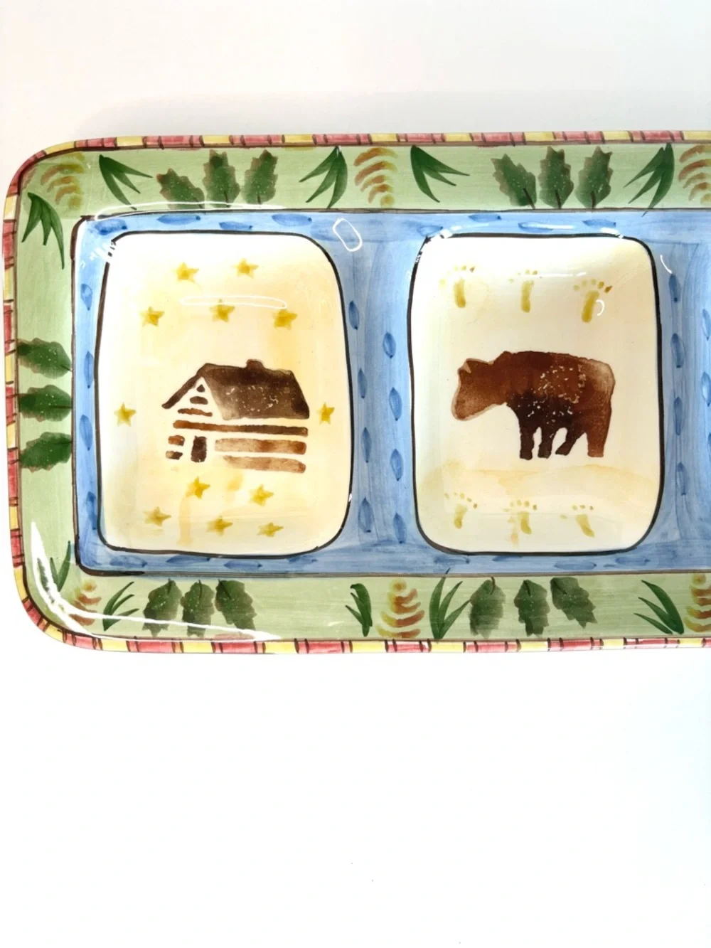 Ceramic Divided Serving Tray Log Cabin Bear Canoe Fish